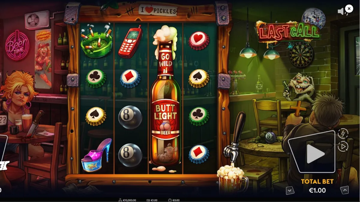 Cenário de bar decadente com neon e atmosfera sombria do slot Last Call