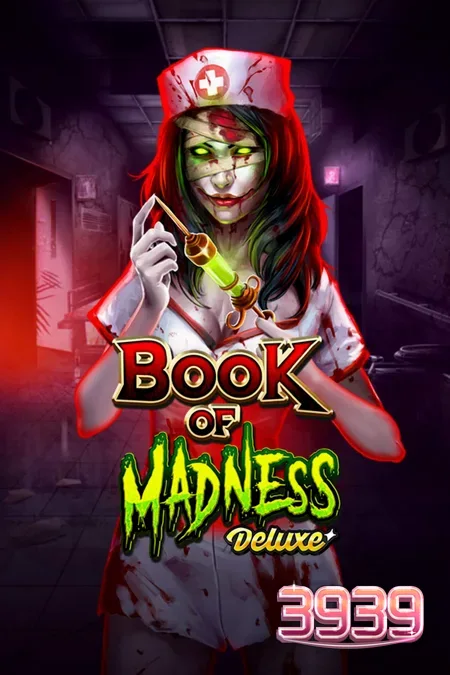 Cena atmosférica de terror gótico com elementos de asilo assombrado no slot Book of Madness Deluxe